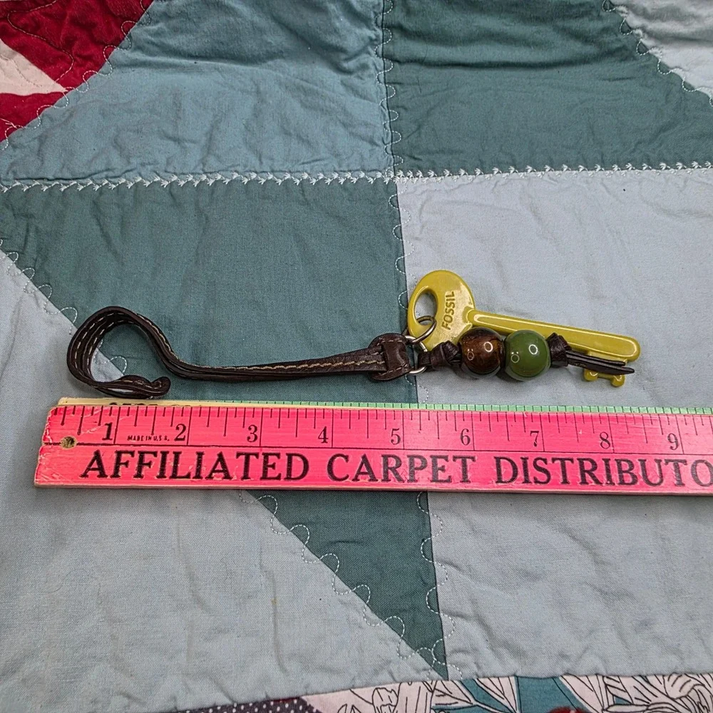 Fossil Yellow Skeleton Key Bag Charm Leather Strap Beaded Fob